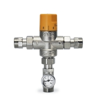 Vertical thermostatic mixing valve with thermometer 